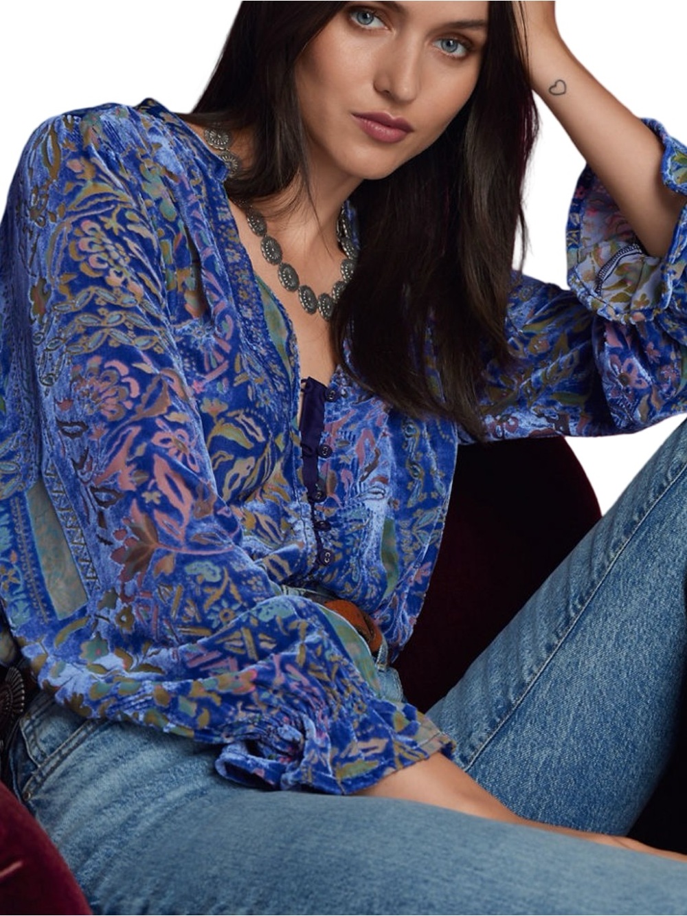 Johnny Was Women’s Size S Purple Blue Velvet Burnout Joasie Button Front Blouse